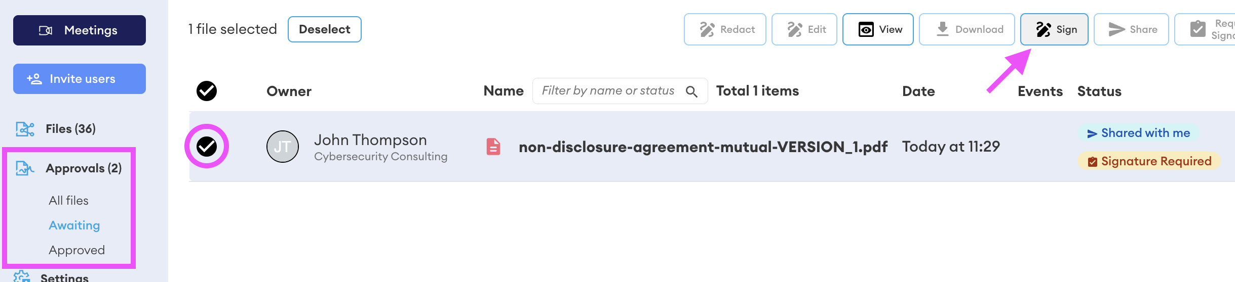 Approvals sidebar with "Awaiting" selected, and one file selected showing the Sign button in the toolbar.