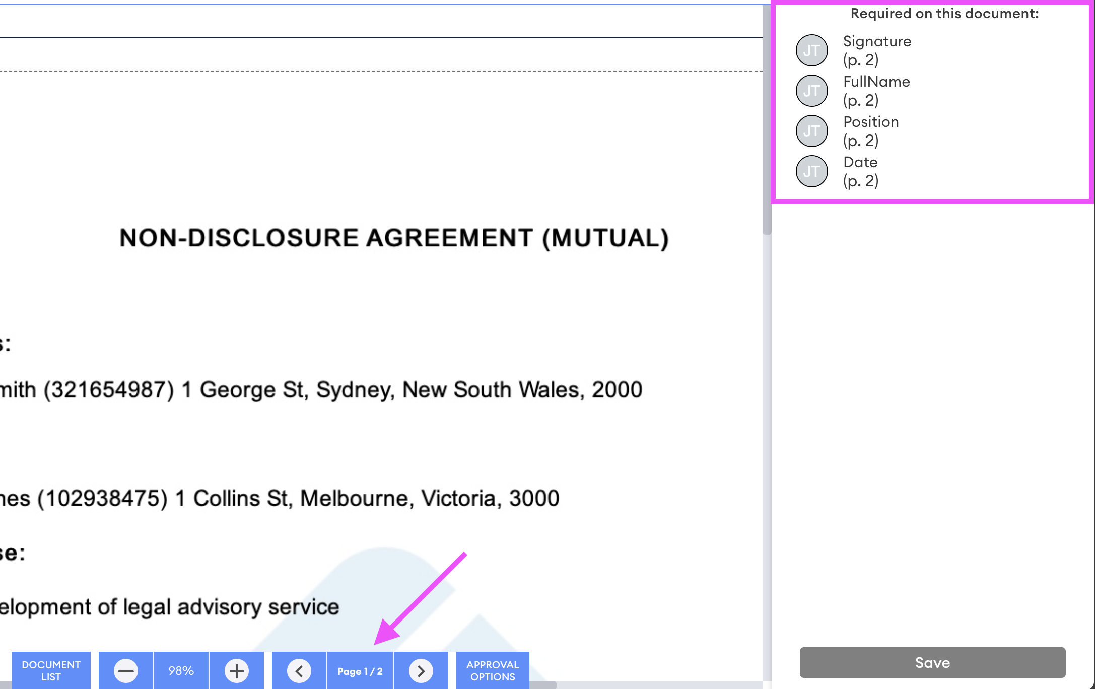 Approval interface showing the "Required on this document" panel listing Signature, FullName, Position, and Date fields, all on page 2, with the page navigation controls.