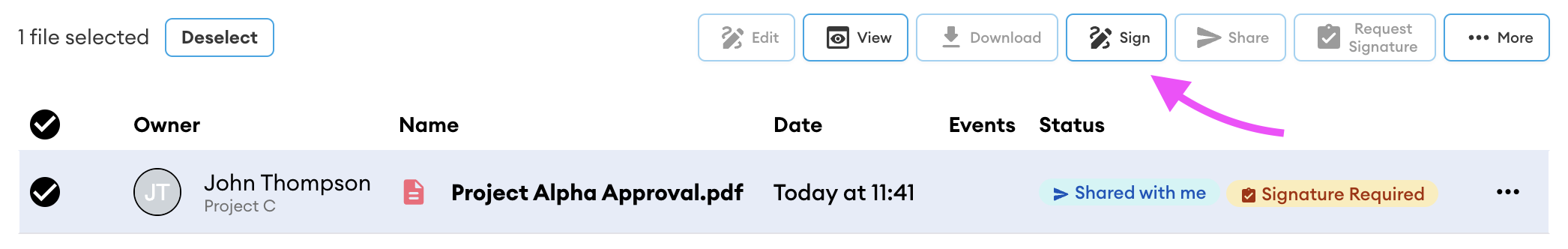 Toolbar with the Sign button highlighted by a pink arrow, above the file list showing "Project Alpha Approval.pdf" selected.