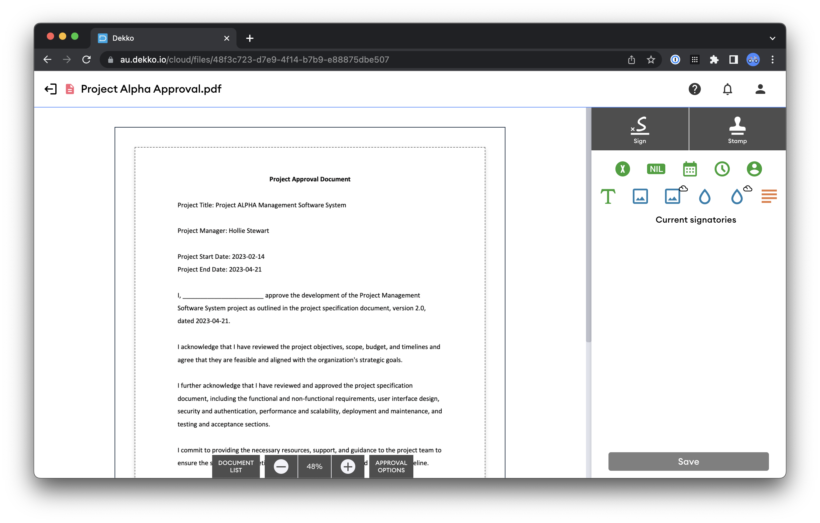 Dekko approval interface showing Project Alpha Approval.pdf open at 48% zoom, with the Sign and Stamp buttons and the "Current signatories" panel on the right.