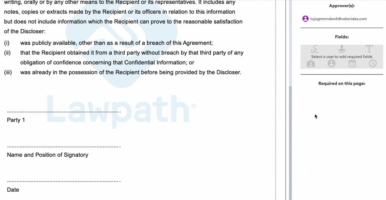 Signature request builder showing an approver email field, empty Fields panel with signature, stamp, text, date and time tools, and a "Required on this page" section.