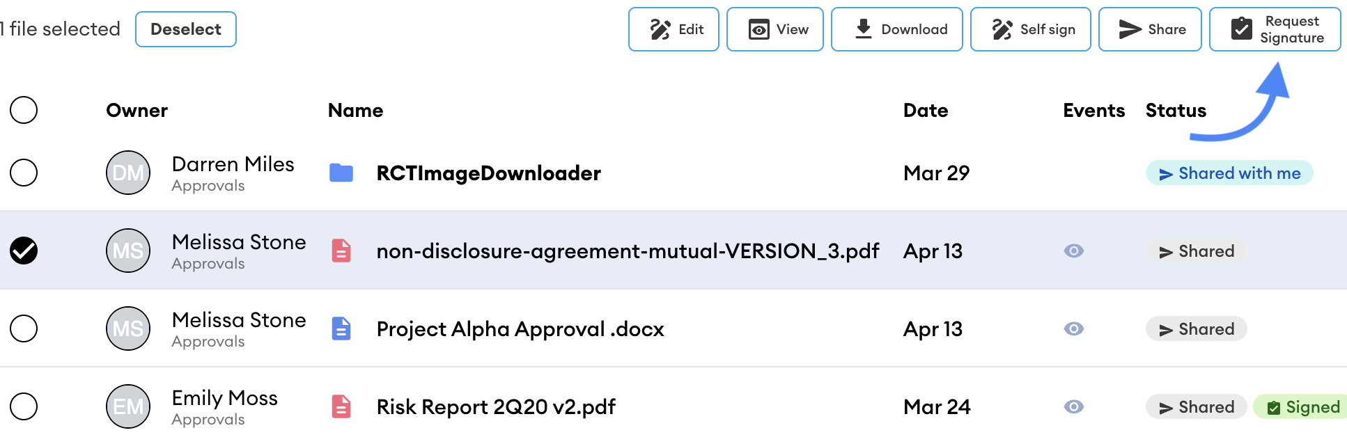 File list with one file selected, showing the top toolbar where the Request Signature button sits at the far right, with an arrow pointing to it.