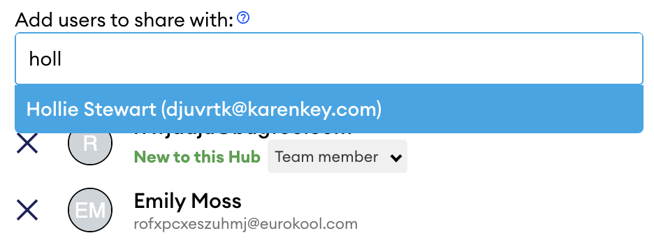 Autocomplete dropdown under "Add users to share with" showing "holl" typed, suggesting Hollie Stewart, plus existing users marked "New to this Hub" with a role selector.