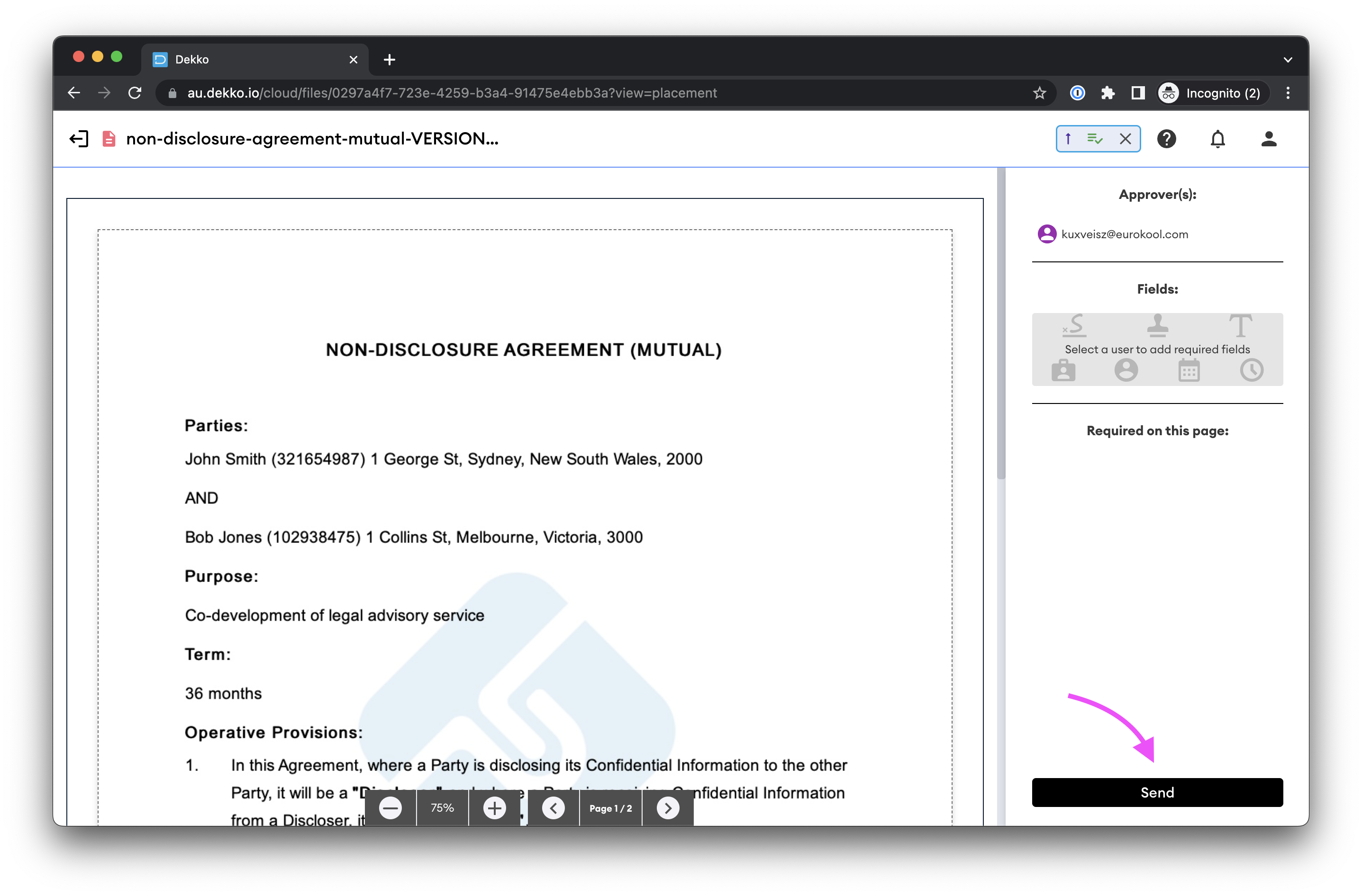 Dekko request builder showing a mutual NDA with approver kuxveisz@eurokool.com, the "Select a user to add required fields" panel, and the Send button.