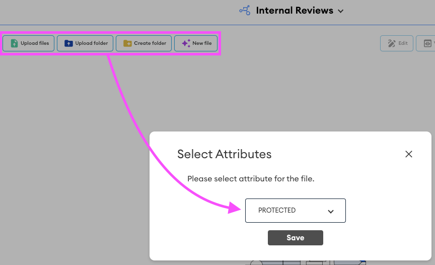 Upload and create buttons in the Internal Reviews toolbar, with a Select Attributes dialog showing PROTECTED chosen and a Save button.