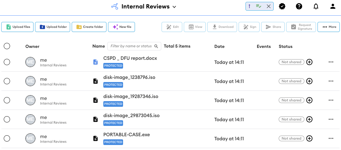 DekkoCORE dashboard view showing how the status will be "Not shared" after uploading or creating documents that hasn't been shared with any other users yet.