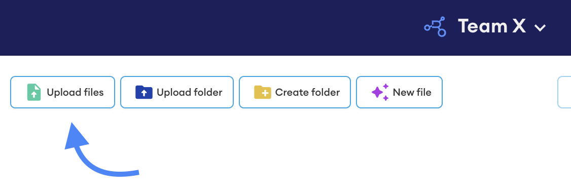 Toolbar in the Team X hub showing the "Upload files" button, highlighted by a blue arrow pointing to it, alongside Upload folder, Create folder and New file.