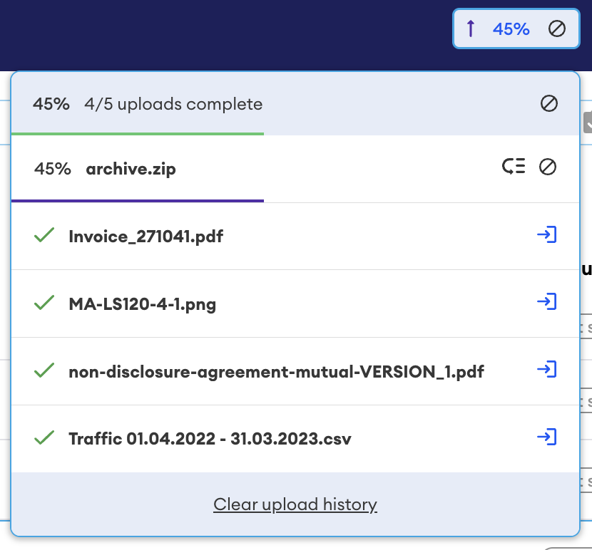 Upload progress window showing 4 of 5 uploads complete at 45%, with archive.zip in progress and four finished files listed with green ticks.