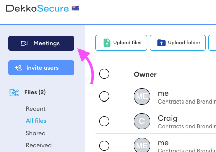 DekkoSecure sidebar with the Meetings button highlighted by a pink arrow, next to Invite users and the Files list.