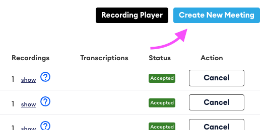 Meetings list showing the "Create New Meeting" blue button at top right, with a pink arrow pointing to it, next to a black "Recording Player" button.