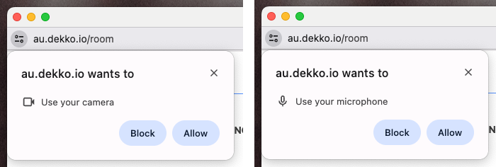 Two browser permission prompts from au.dekko.io asking to use the camera and then the microphone, each with Block and Allow buttons.