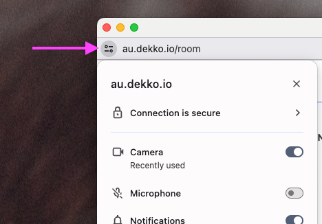 Browser site permissions panel for au.dekko.io showing Camera toggled on and Microphone toggled off, opened from the address bar icon.