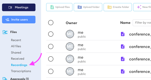 Files manager sidebar with the Recordings option highlighted by a pink arrow, listing conference recordings.