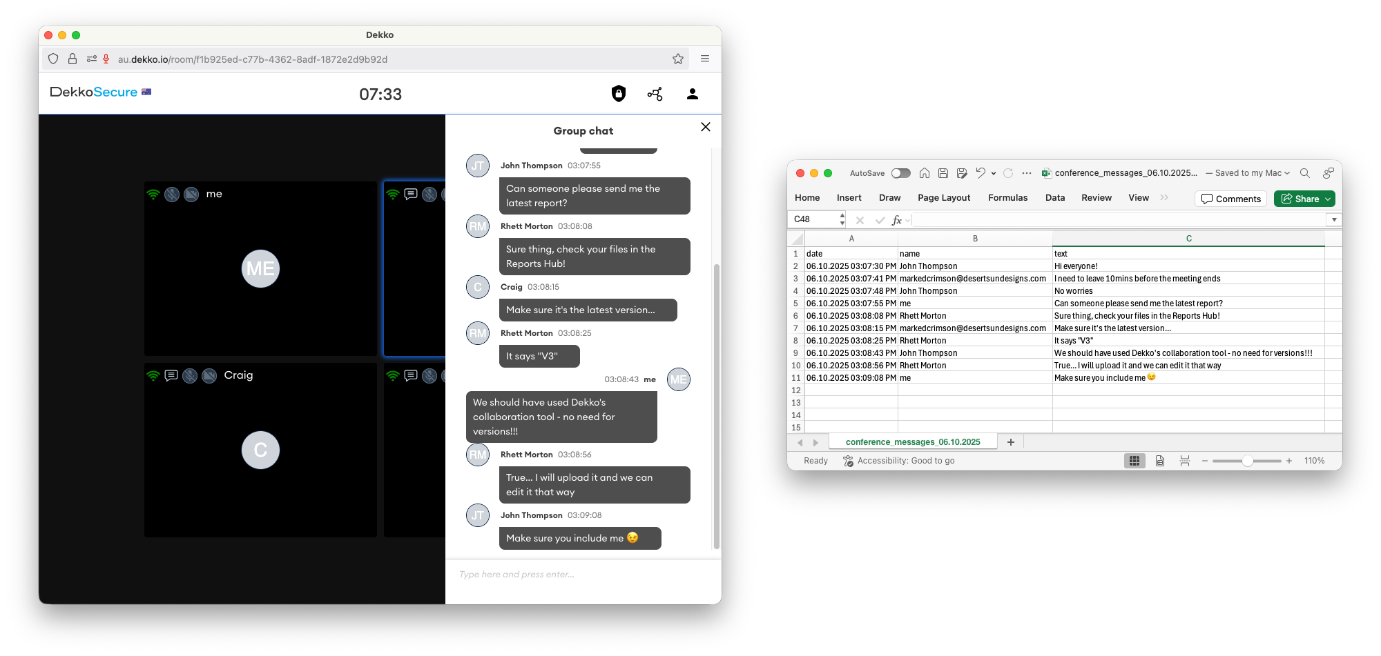 Dekko video room with group chat open, showing messages exported to a spreadsheet in the conference_messages_06.10.2025 file, which is saved in the chat transcript CSV format.