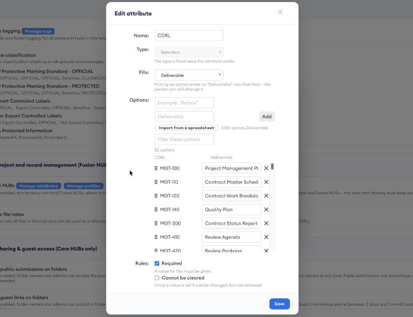 Edit attribute dialog for the CDRL selection attribute, set to fill the Deliverable field, showing options paired with deliverables and the Required rule.