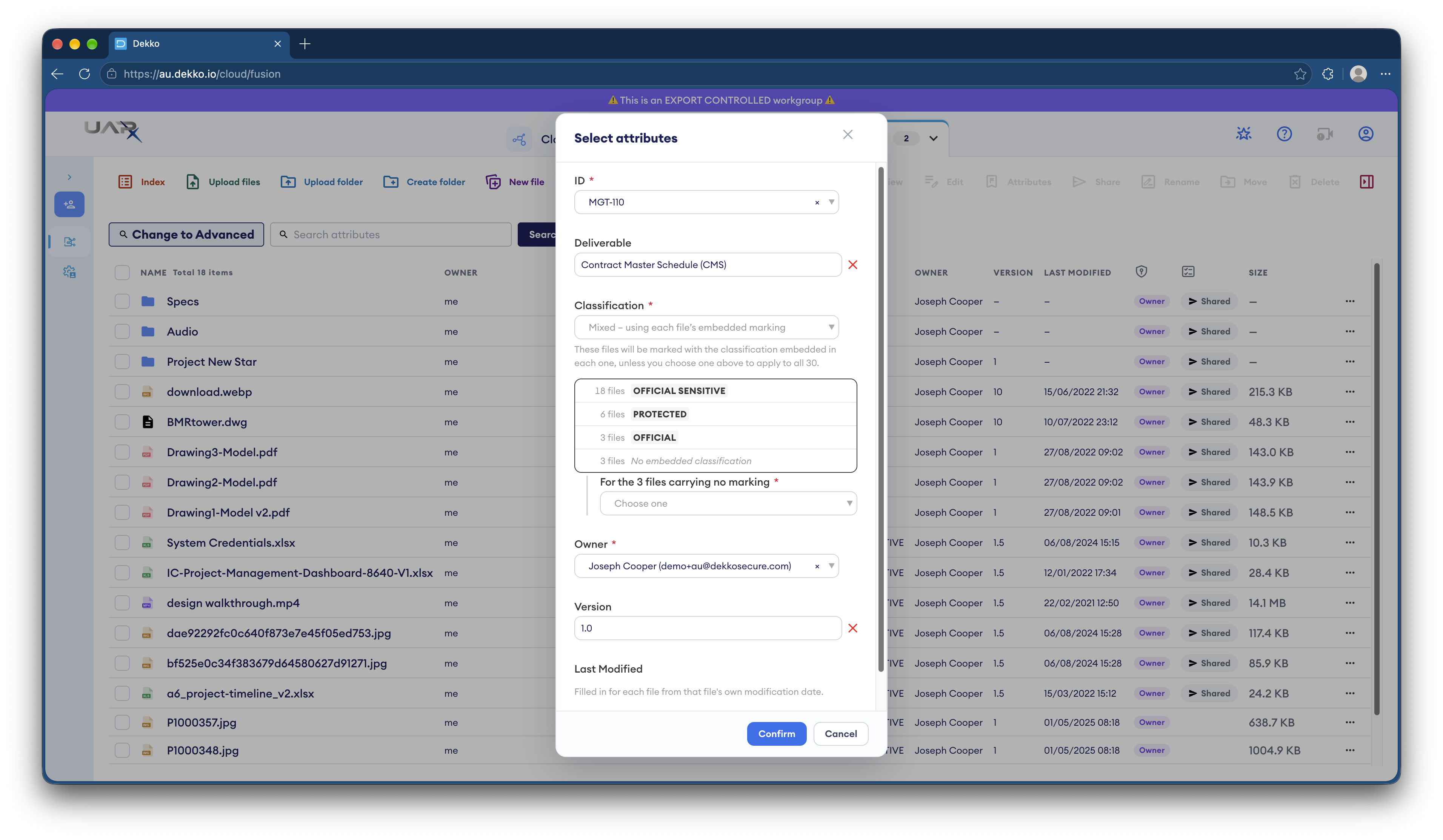 From PDF and Office files, classification attributes are automatically read. If classification attributes are required the user must select an option