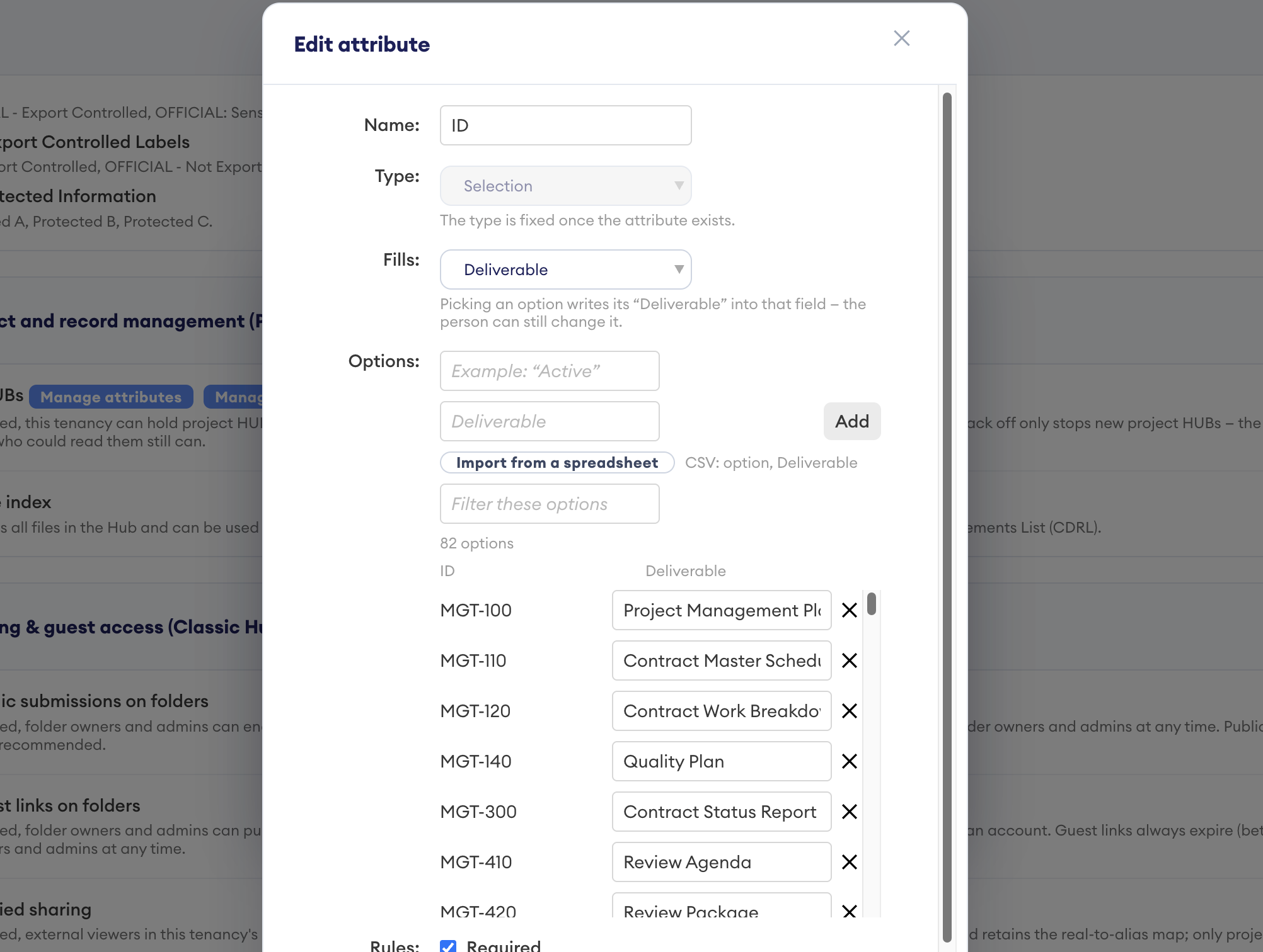 Edit attribute dialog for an ID selection attribute that fills the Deliverable field, showing the Options list with IDs such as MGT-100 mapped to deliverable names.