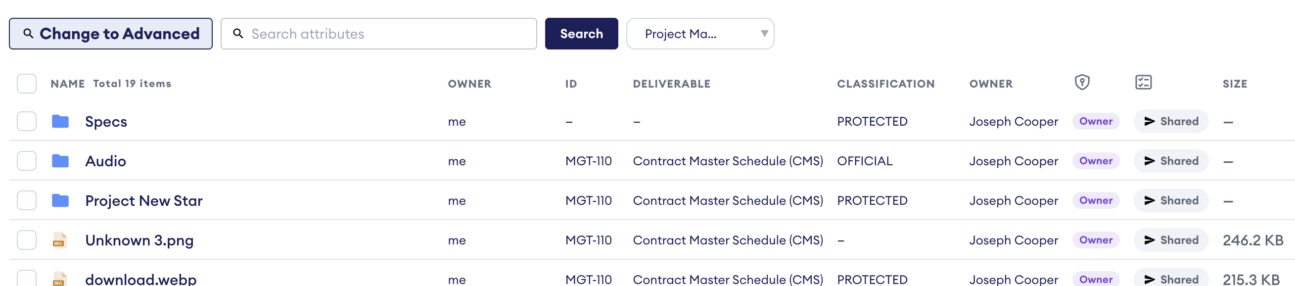 File list showing the search bar with the "Change to Advanced" button and a "Project Ma..." profile dropdown beside the Search button.