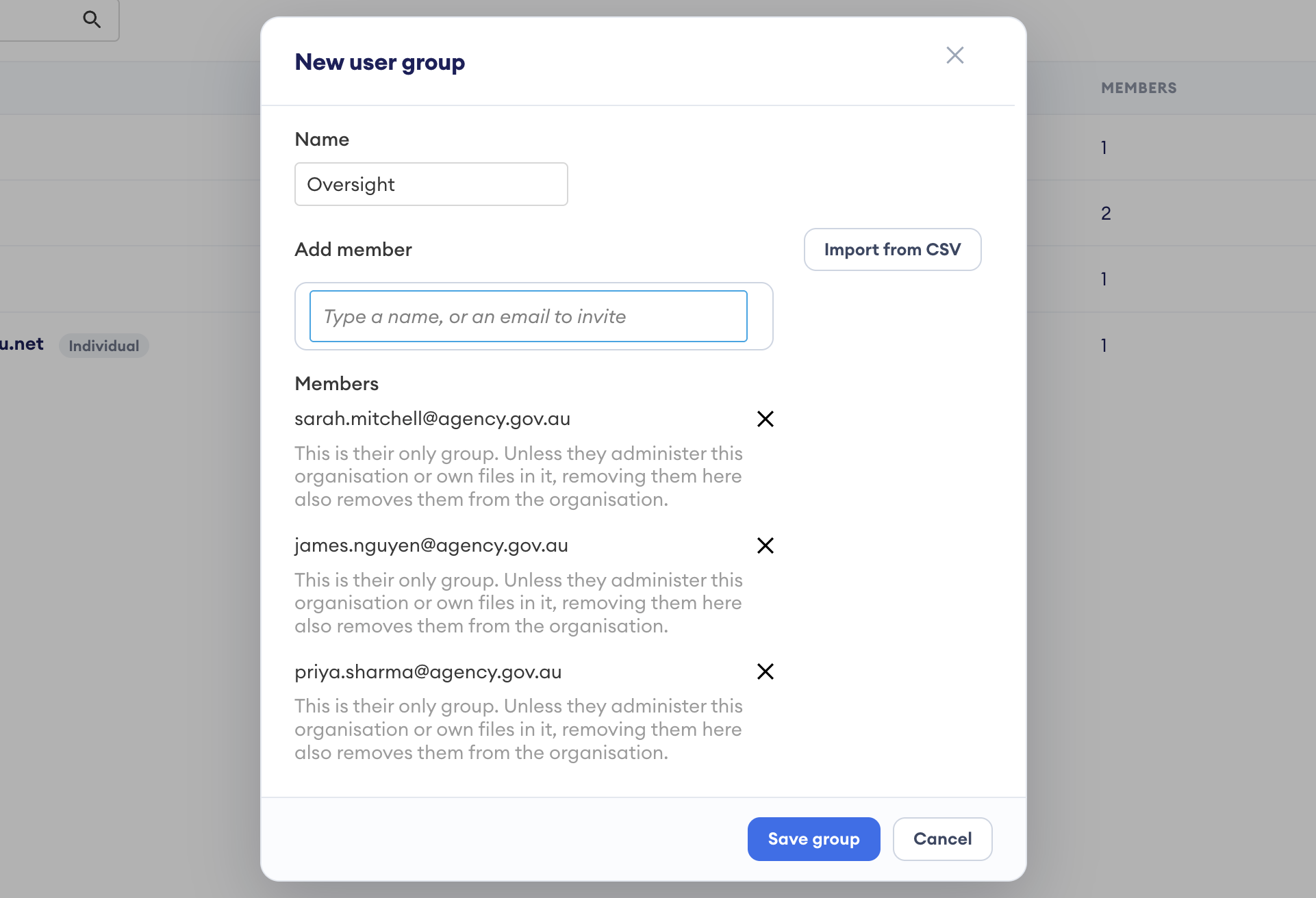 New user group dialog named "Oversight" listing three agency.gov.au members, each with a remove (X) button, plus Import from CSV, Save group and Cancel.