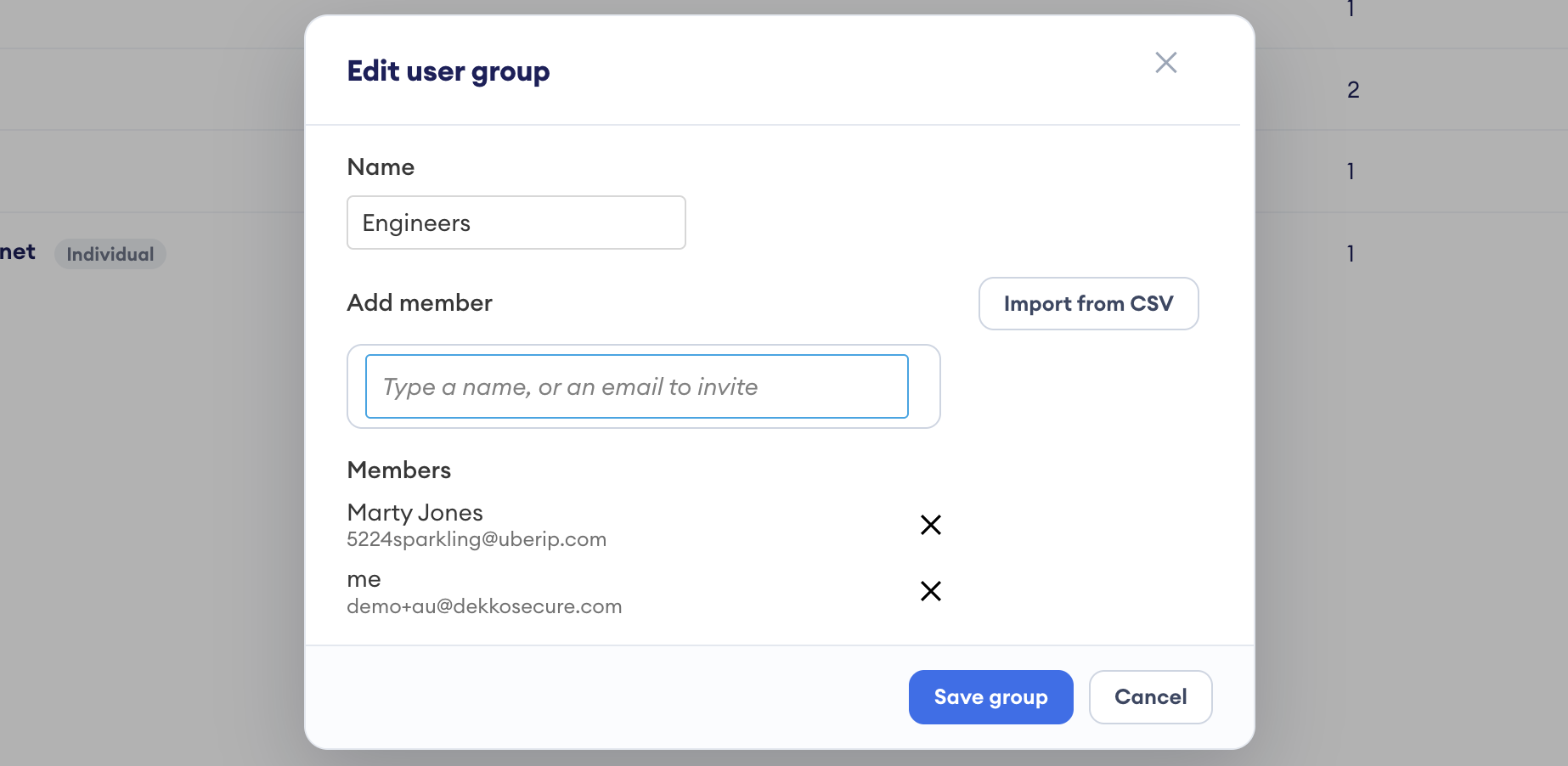Edit user group dialog showing the group name "Engineers", the Add member field, Import from CSV button, and Members list with remove crosses.