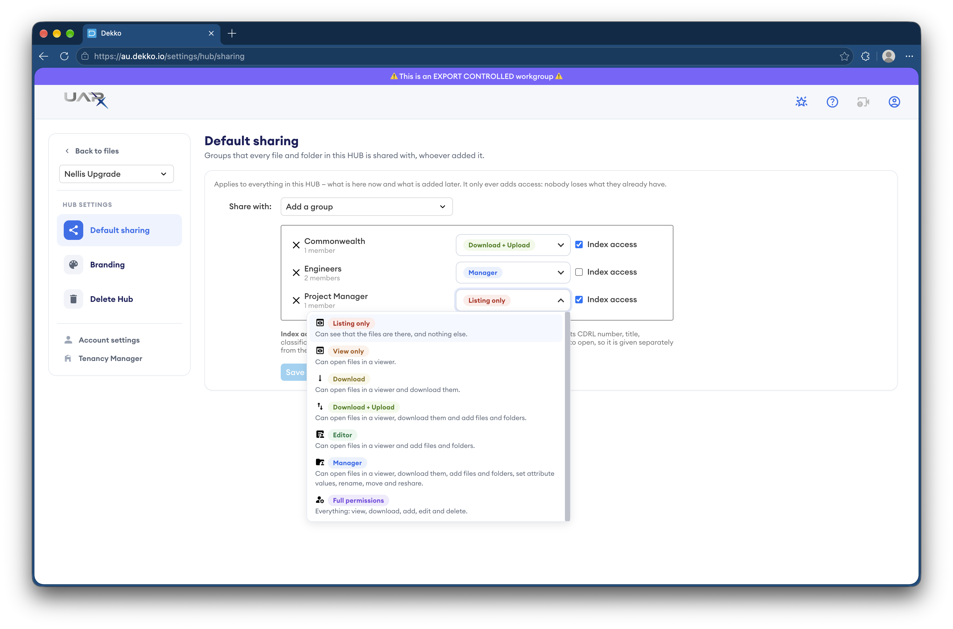 Default sharing page in Dekko's Nellis Upgrade Hub, showing groups Commonwealth, Engineers and Project Manager with permission dropdowns open, listing levels from Listing only to Full permissions.