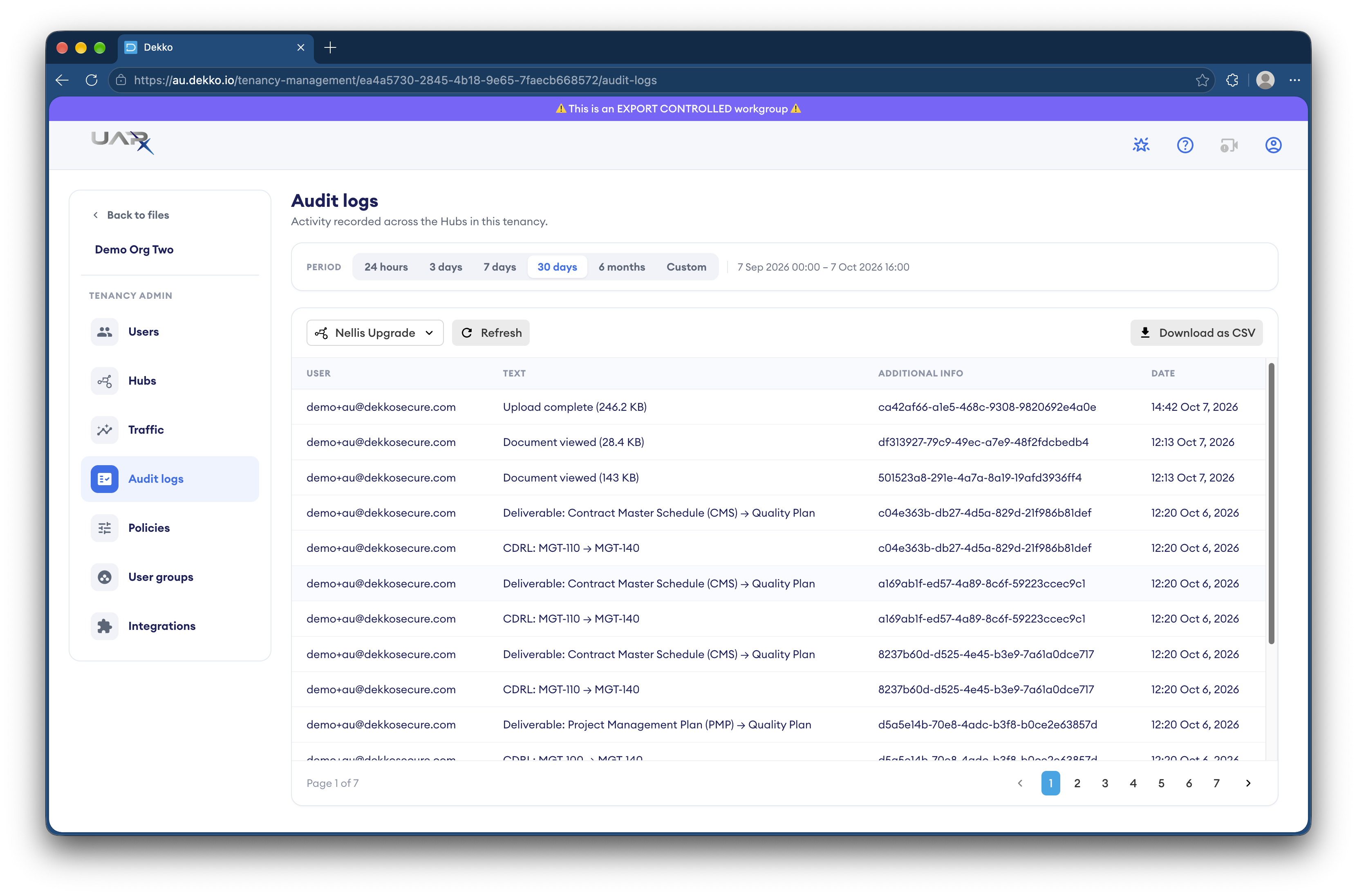 Audit logs page for the Nellis Upgrade hub showing user, text, additional info and date columns, with the Period filter set to 30 days and the Download as CSV button.