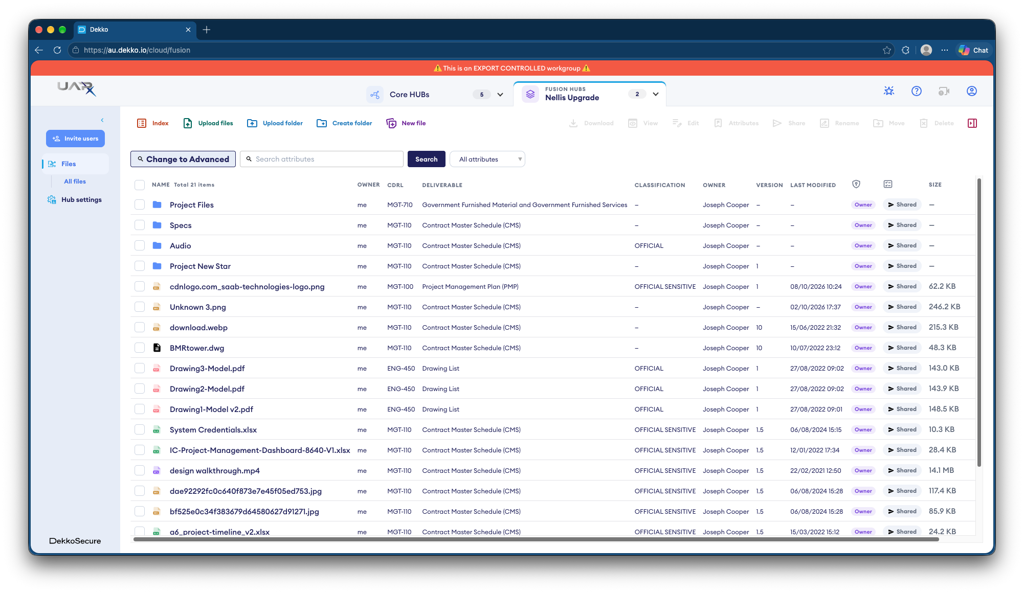Dekko file list in the Nellis Upgrade Fusion Hub, showing attribute columns (CDRL, Deliverable, Classification, Version) and Owner/Shared badges.