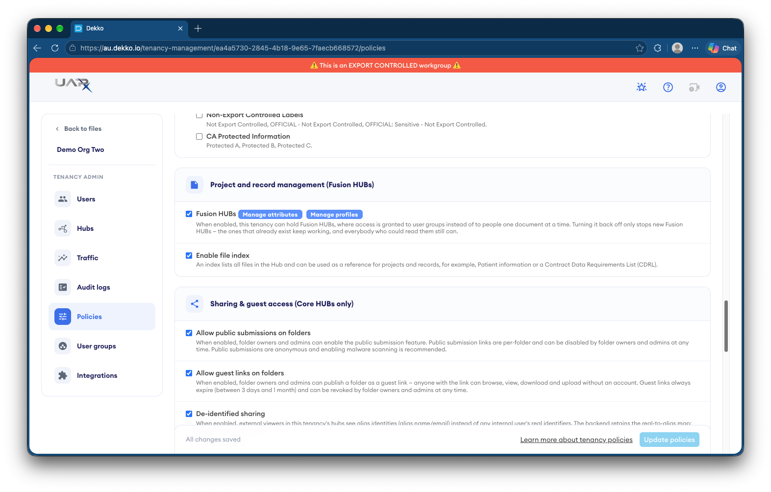 Tenancy Policies page showing the Project and record management (Fusion HUBs) section, with the Fusion HUBs checkbox, its Manage attributes and Manage profiles buttons, and the Sharing & guest access