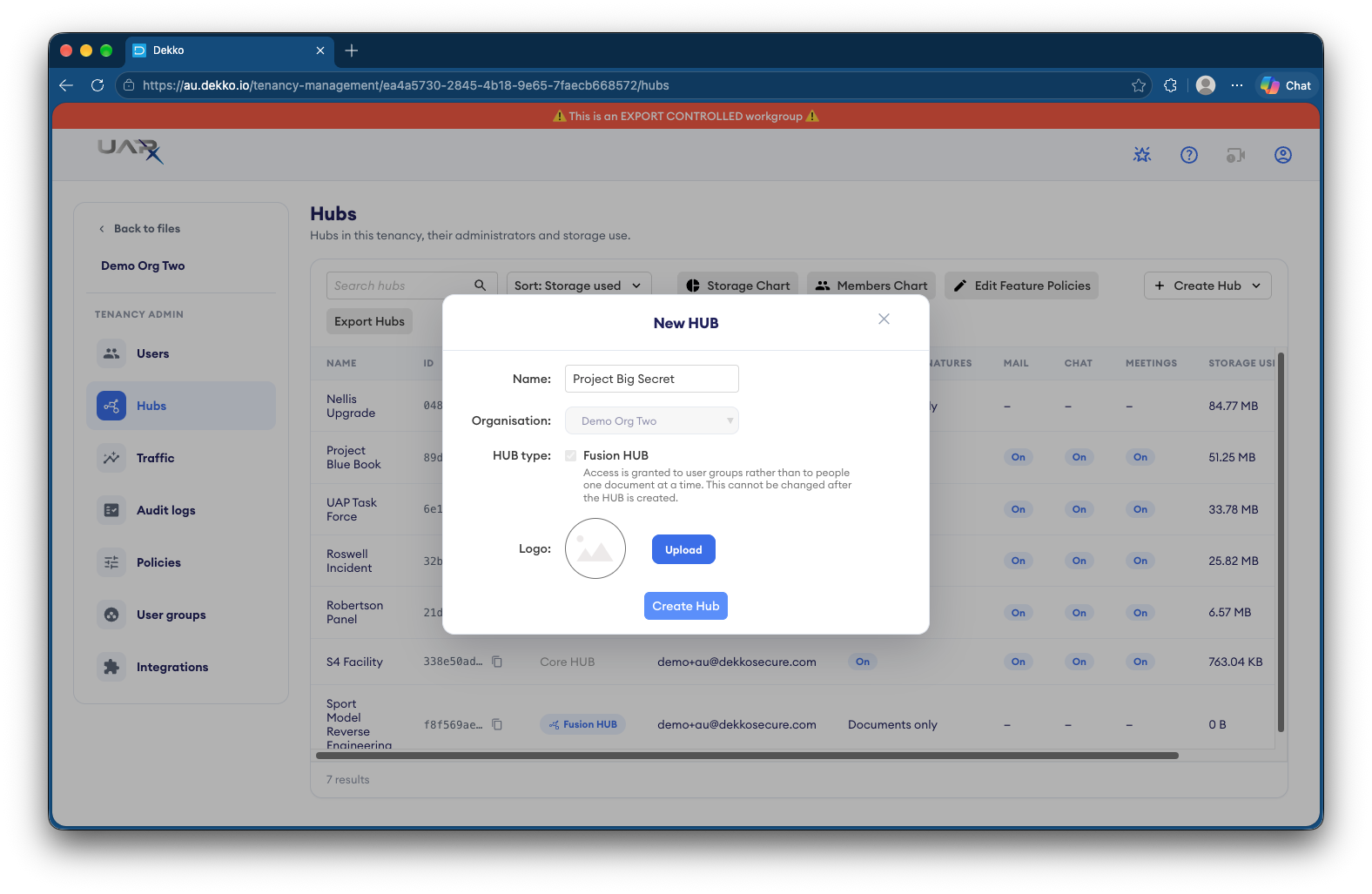 New Hub dialog in the Tenancy Manager with Name, Organisation, Fusion HUB type, Logo Upload and Create Hub button.