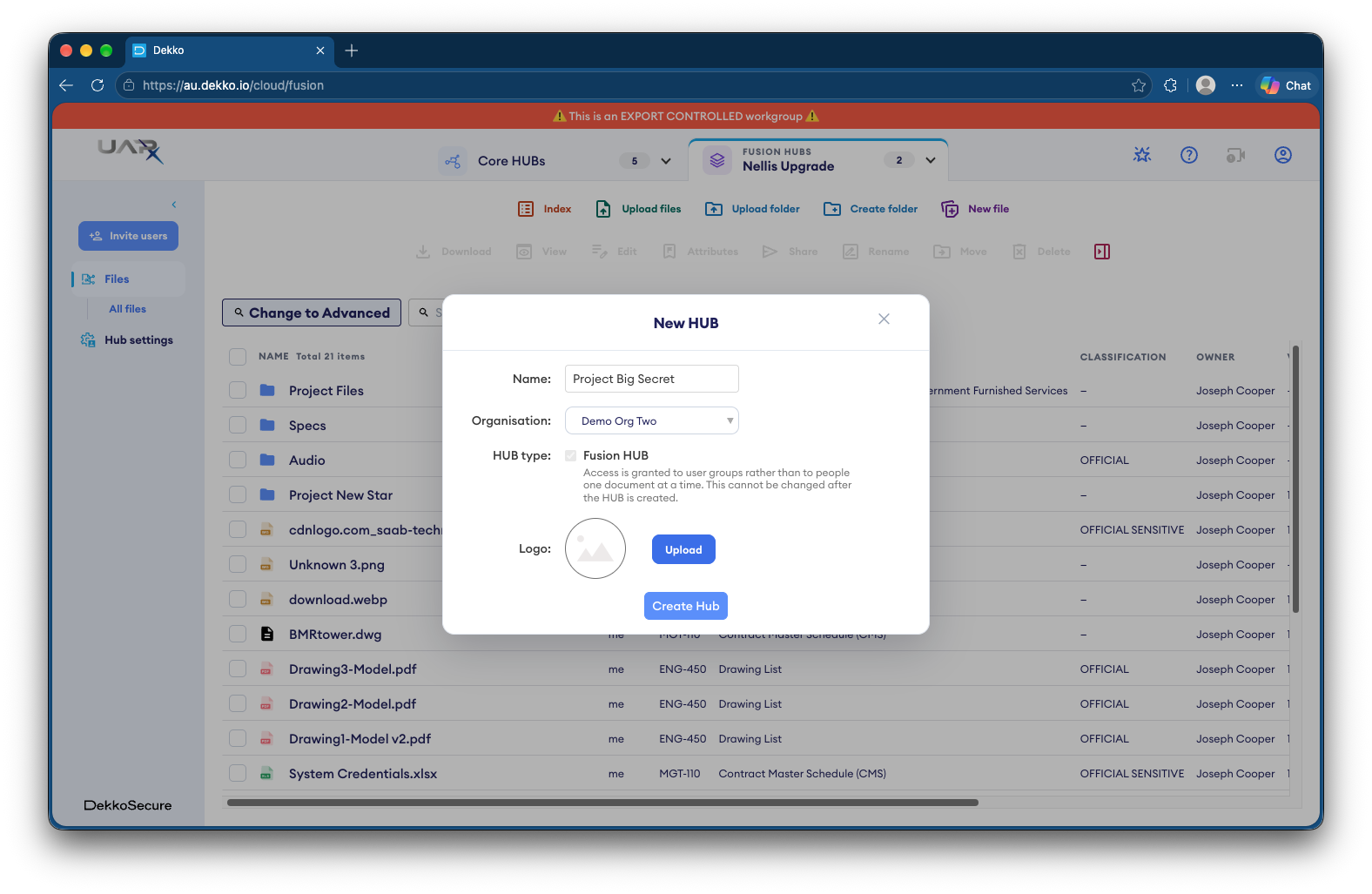 New HUB dialog in Dekko, with Name, Organisation, HUB type set to Fusion HUB, an optional Logo upload, and a Create Hub button.