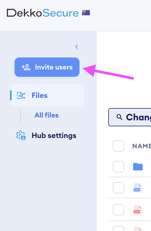 Left navigation panel of DekkoSecure showing the blue "Invite users" button, indicated by a pink arrow, above the Files and Hub settings options.