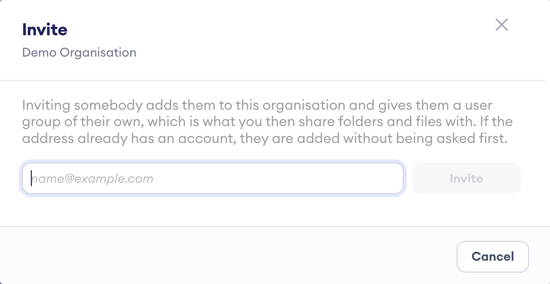 Invite dialog for Demo Organisation with an email address field and a greyed-out Invite button, which is disabled until an address is entered.