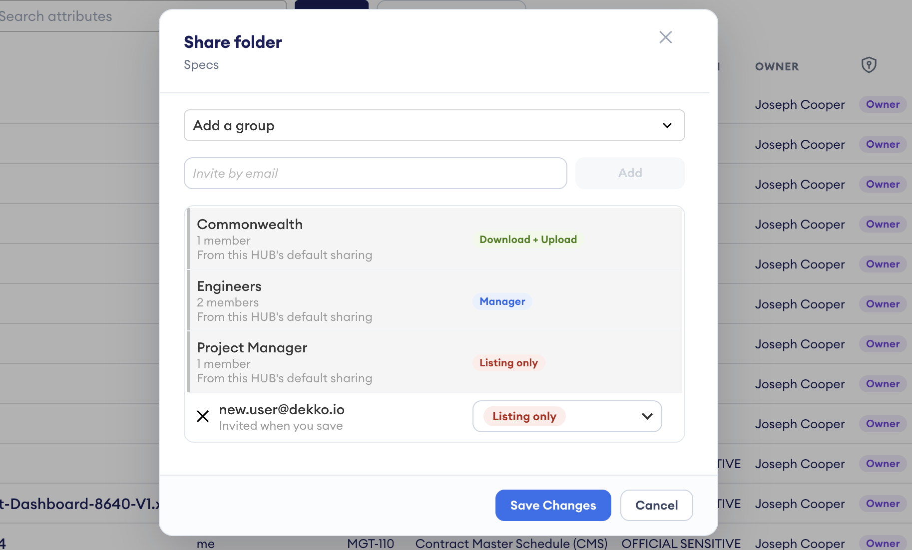Share folder dialog for the "Specs" folder listing groups Commonwealth (Download + Upload), Engineers (Manager), and Project Manager (Listing only), plus an invited email with a Listing only permissio