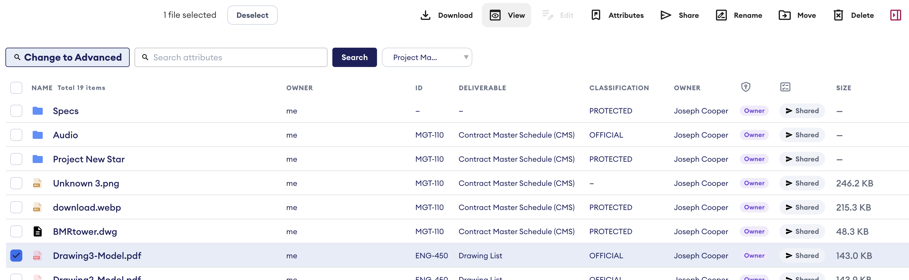 Toolbar and file list in Fusion Hubs with Drawing3-Model.pdf selected, showing the View, Edit and Attributes buttons.