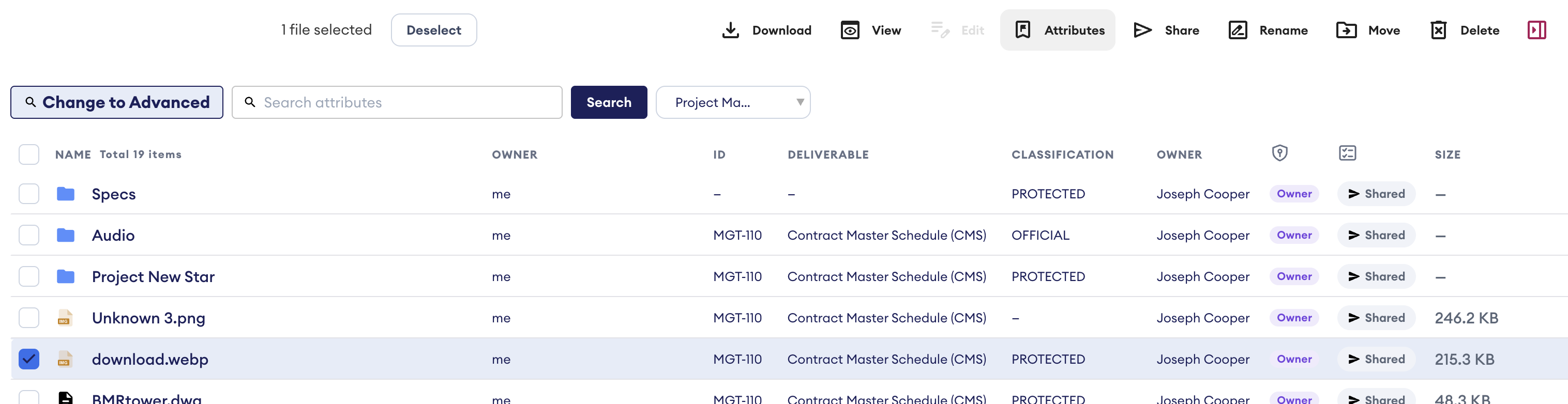 Fusion Hub file list with download.webp selected, showing the Attributes button in the toolbar and the Search attributes box.