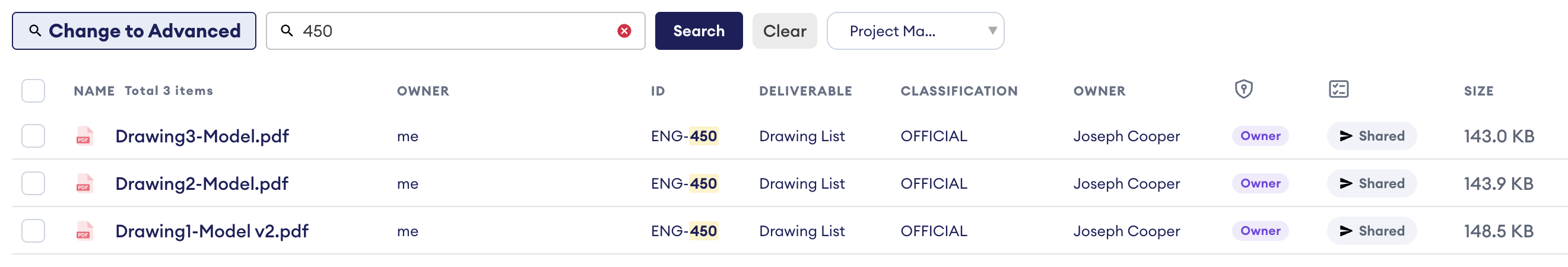 Search results for "450" in DekkoCORE showing three PDF drawings, each with ID ENG-450 highlighted in the ID column.