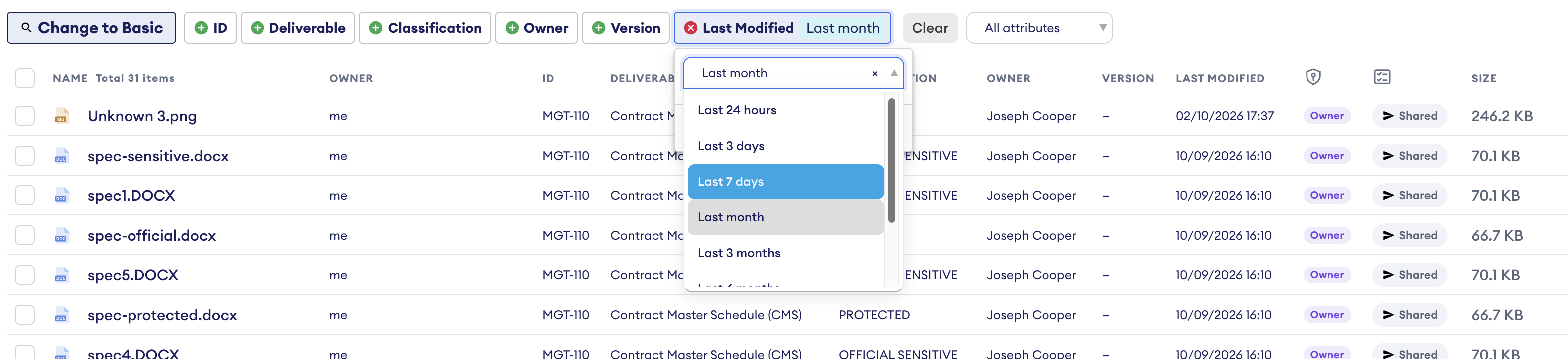 Advanced search filter bar showing the Last Modified attribute set to "Last month", with its dropdown open listing ranges such as Last 7 days and Last month.