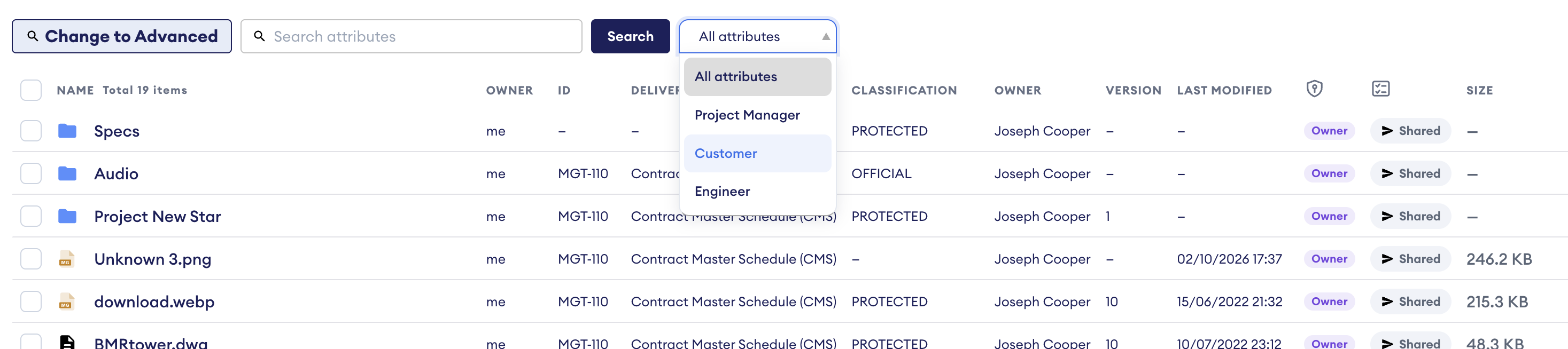 Search attributes dropdown open showing profiles: All attributes, Project Manager, Customer and Engineer, beside the file list.