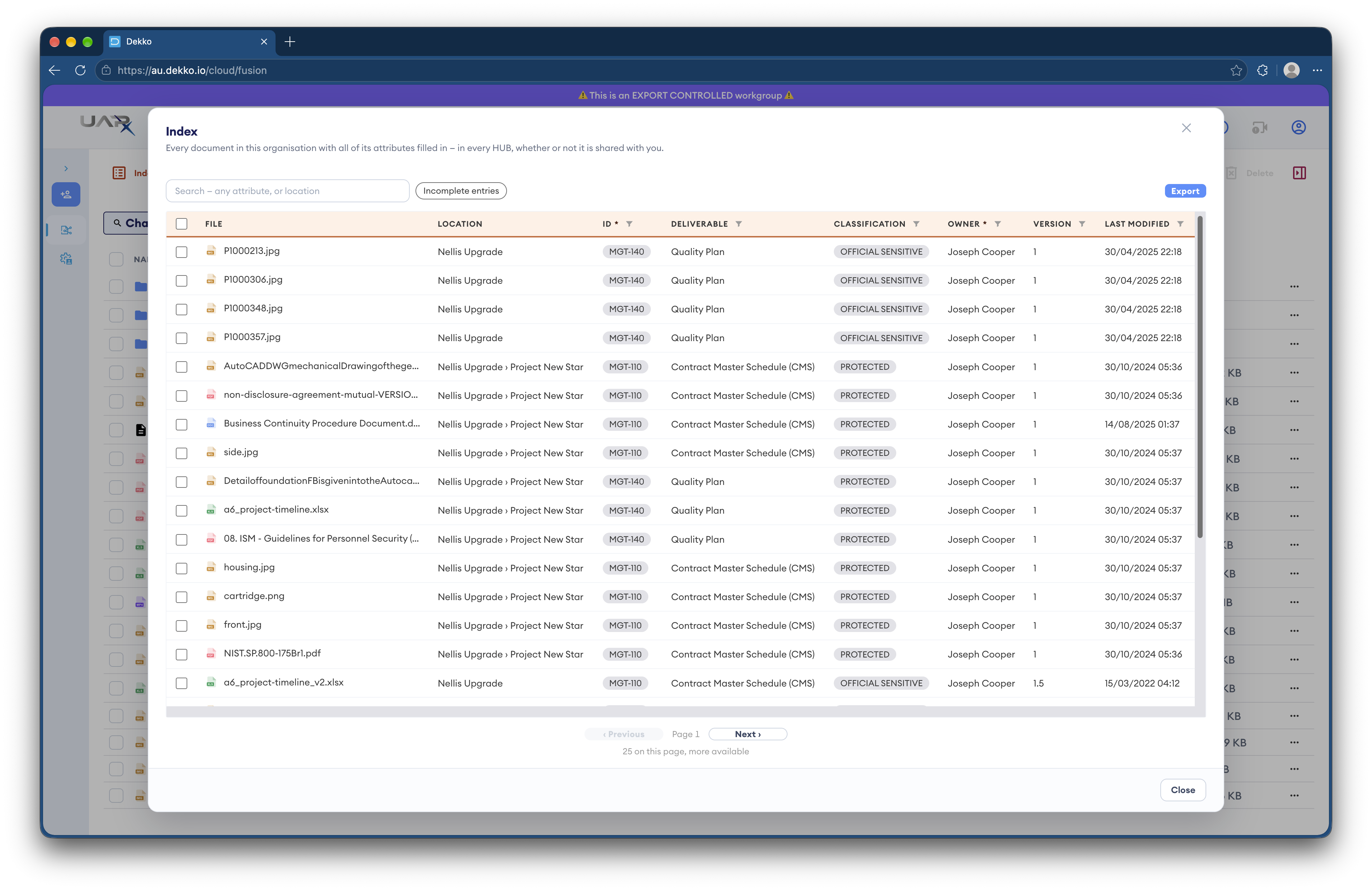 Index dialog in Dekko listing documents with columns for file, location, ID, deliverable, classification, owner, version and last modified date