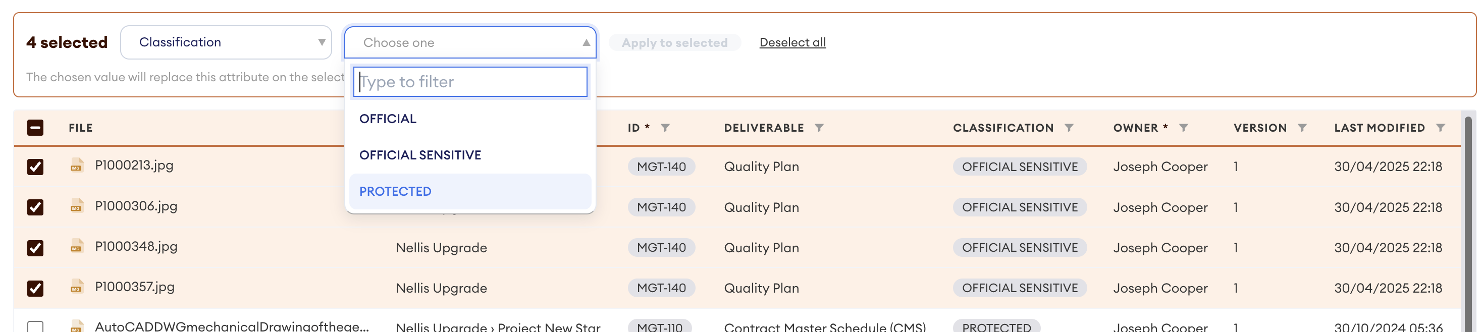 Bulk-edit bar showing 4 selected files, with the Classification dropdown open and options Official, Official Sensitive and Protected.
