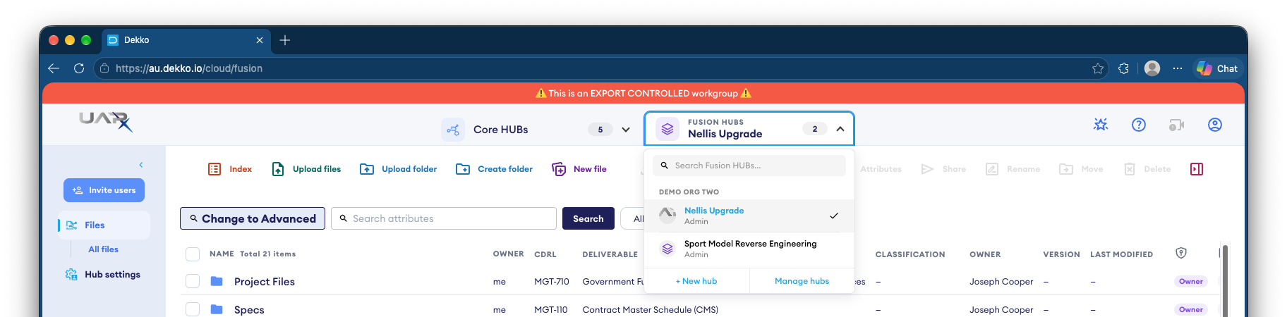 Dekko Fusion dropdown open under the Fusion Hubs heading, showing Nellis Upgrade selected with Admin role and Sport Model Reverse Engineering listed.