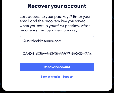 Recover your account dialog with fields for email address and recovery key, and a blue Recover account button below them.