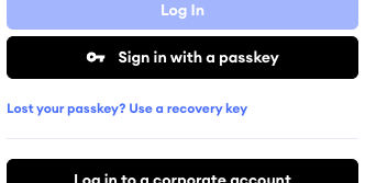 Login screen showing the "Lost your passkey? Use a recovery key" link below the "Sign in with a passkey" button, which you click to start recovery.