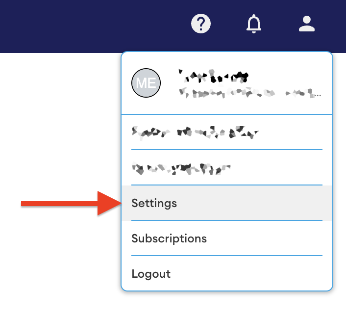 Profile menu open from the top-right user icon, with a red arrow pointing to the "Settings" option.