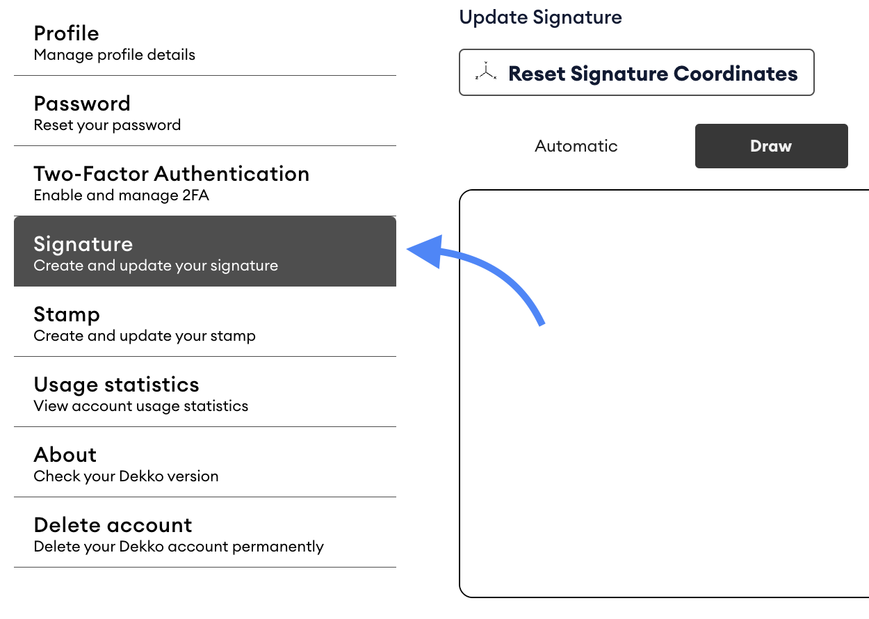 Settings menu with the Signature option highlighted by an arrow, beside the Update Signature panel showing Automatic and Draw tabs.