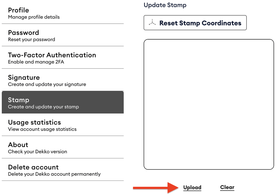 Dekko profile settings showing the Stamp section selected, with the Upload button indicated by a red arrow beside Clear.