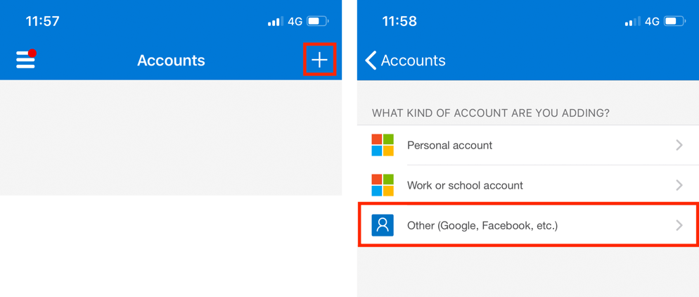 Two Microsoft Authenticator screens: tap the + button on Accounts, then choose "Other (Google, Facebook, etc.)" from the account type list.