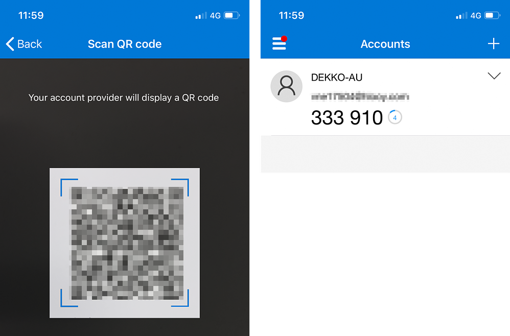 Left: the Authenticator app's "Scan QR code" screen, with a QR code framed by blue corners. Right: the Accounts list showing a DEKKO-AU entry and its 6-digit code.