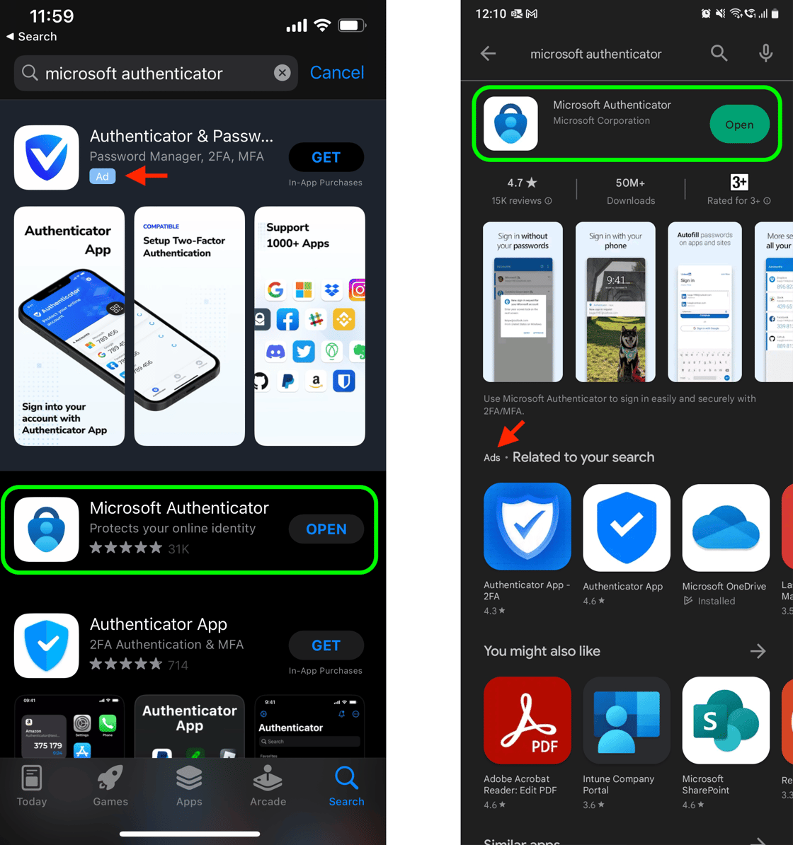 Side-by-side app store results for "microsoft authenticator": the official Microsoft Authenticator listing is outlined in green, while sponsored "Ad" listings are marked with red arrows.