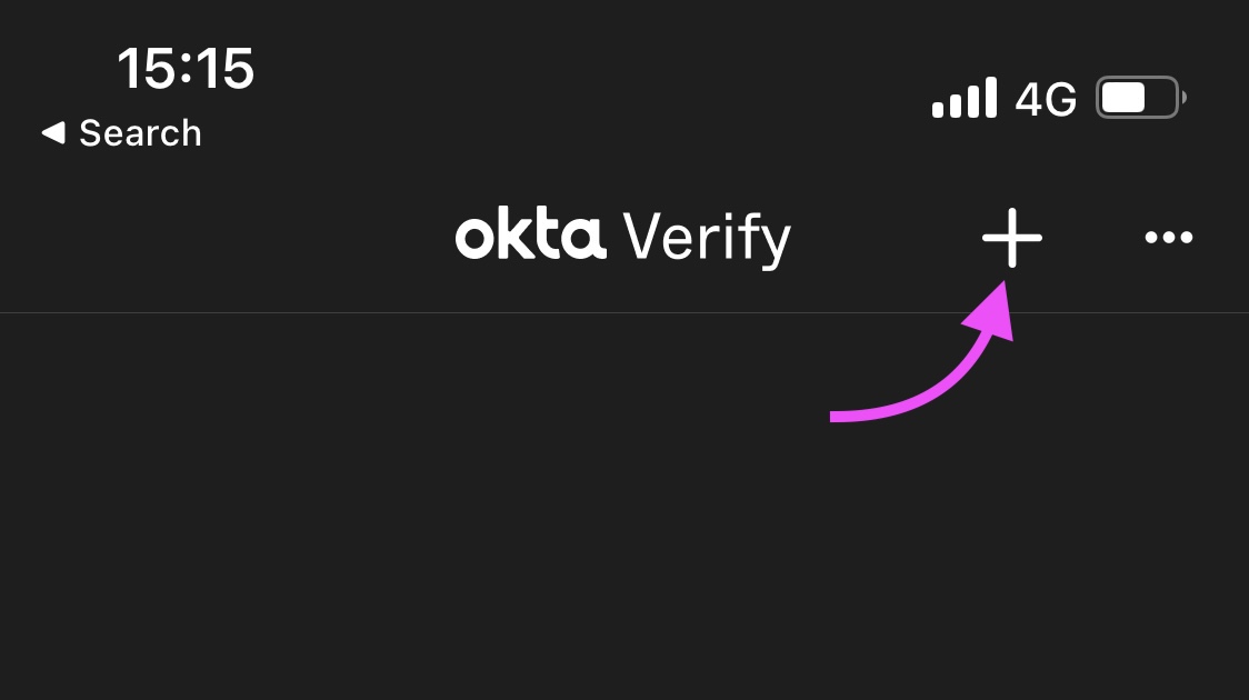 Okta Verify app home screen with the "+" button at the top right, highlighted by a pink arrow, used to add an account.
